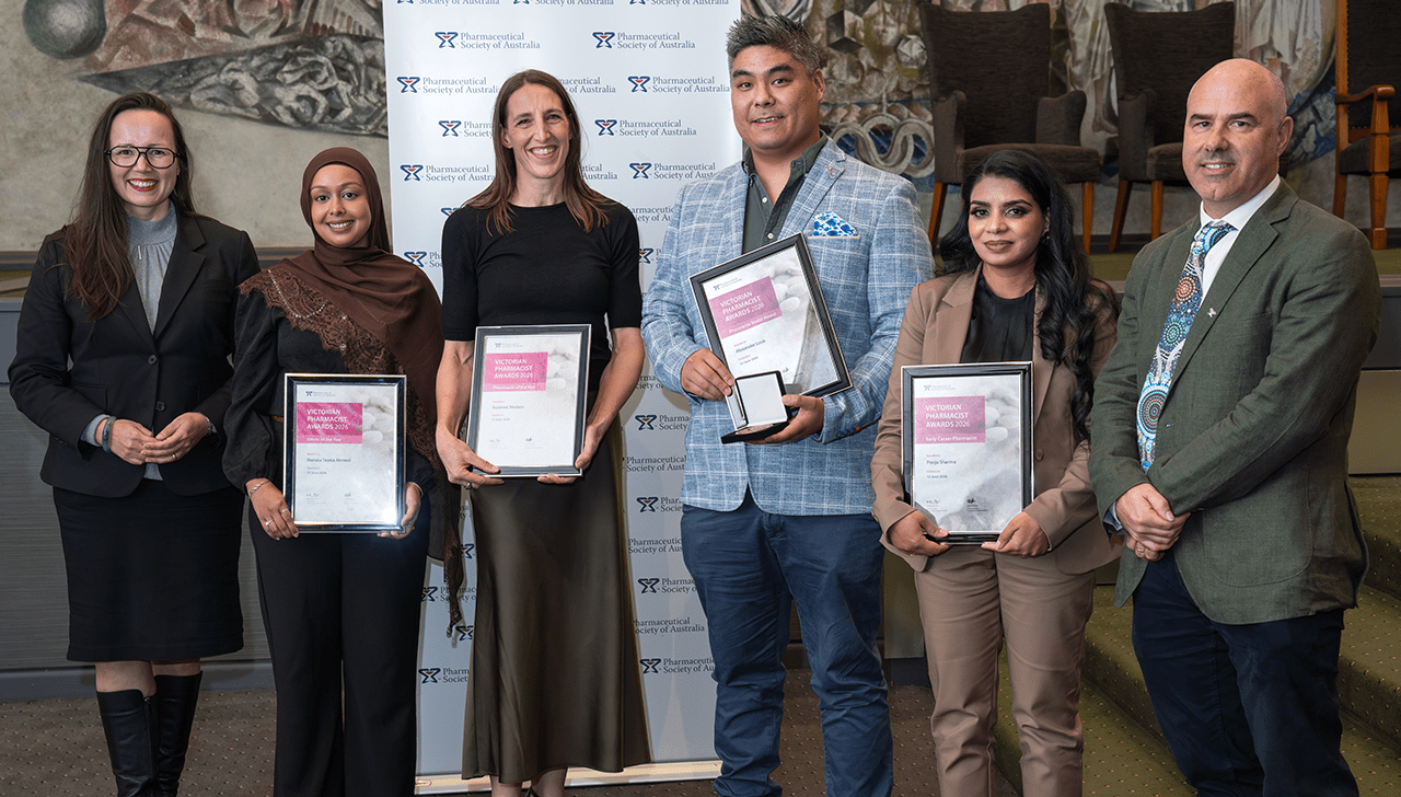 The 2026 Victorian pharmacy award recipients, with Pooja Sharma second from the right holding her award.